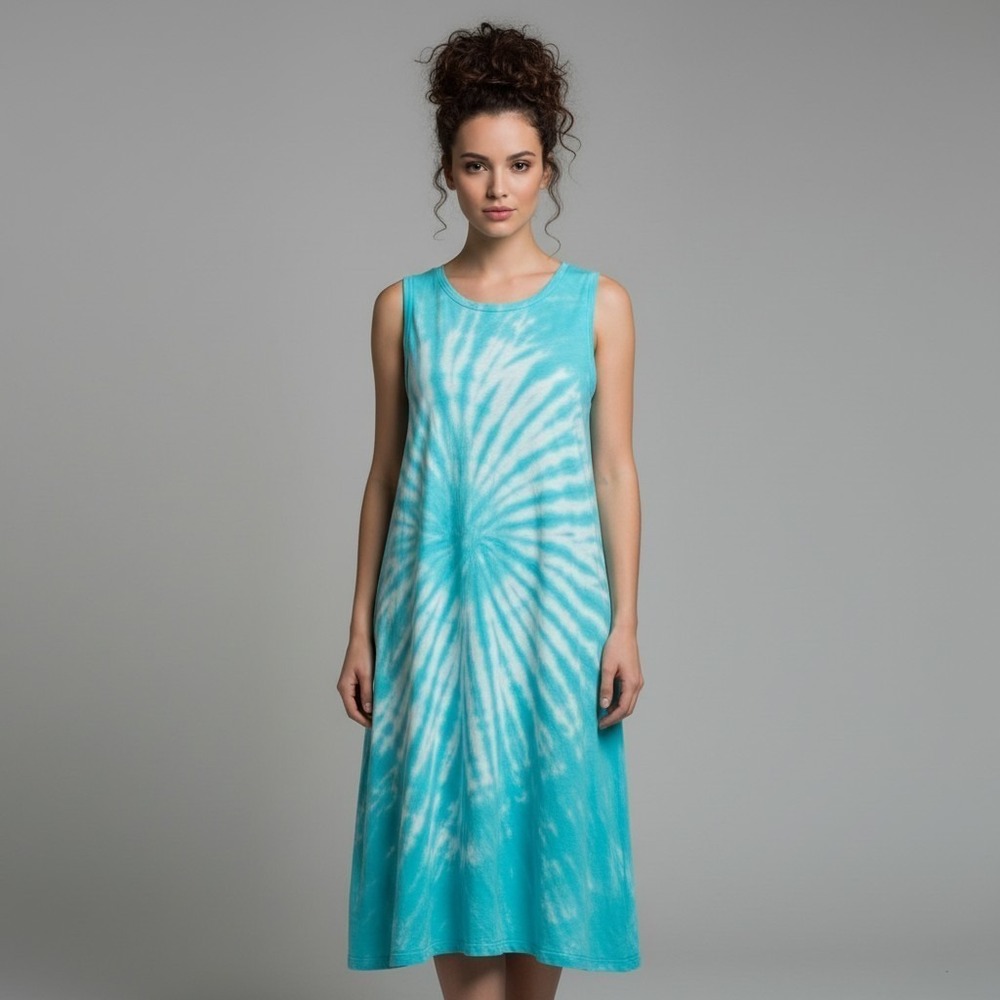 J.Crew Womens Medium Teal Blue Tie Dye Sleeveless Cotton T-Shirt Dress